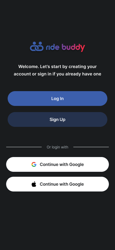 Ride Buddy app onboarding screen